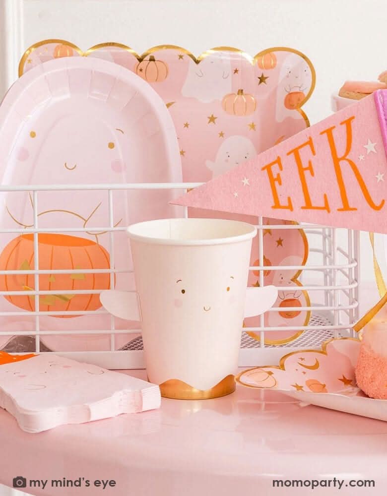 Halloween Ghost Paper Cups – 12 oz Party Set of 8 with Arm Attachments