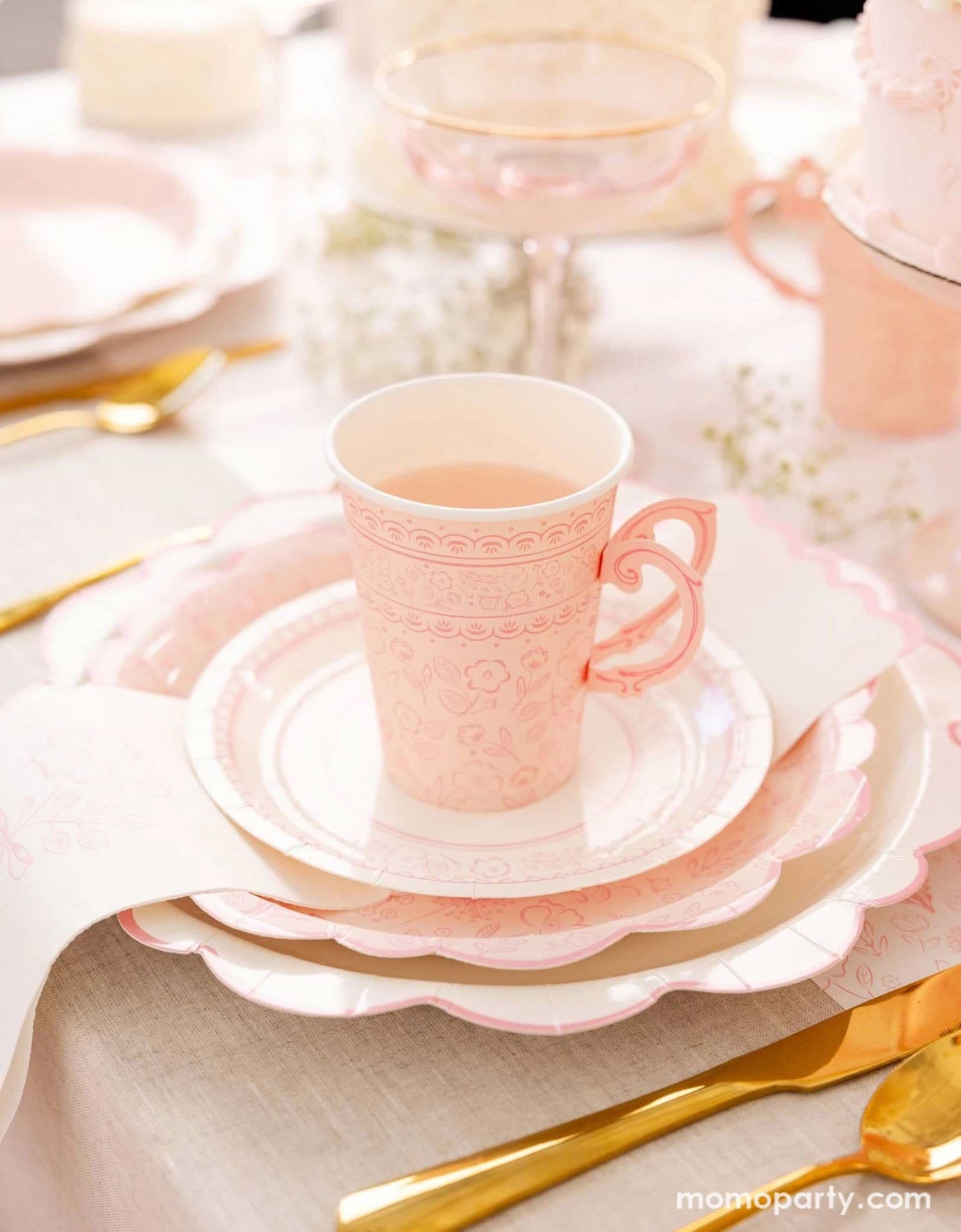 Pink Floral Paper Party Cups – 12 oz Set of 8 with Handles